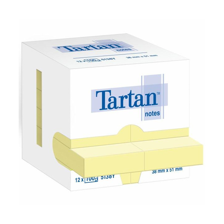 Tartan Pack de 12 Blocs de 100 Notas Adhesivas Reposicionables 51x38mm - 100% PEFC - Color Amarillo Claro