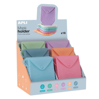 Apli Expositor de Porta Mascarillas de Silicona - 140x110x1.5 mm - Textura Suave - 18 Fundas de Diferentes Colores - Cierre de