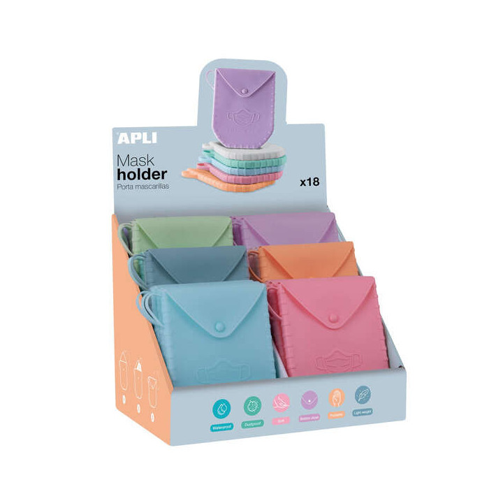 Apli Expositor de Porta Mascarillas de Silicona - 140x110x1.5 mm - Textura Suave - 18 Fundas de Diferentes Colores - Cierre de