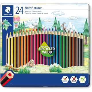 Staedtler Noris Colour 185 Caja Metalica con 24 Lapices Hexagonales de Colores - Fabricados en Wopex - Muy Resistentes - Madera