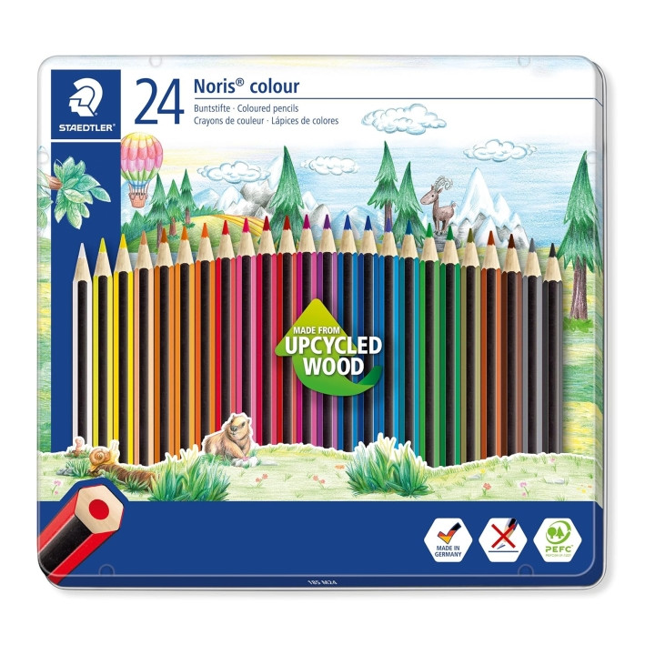 Staedtler Noris Colour 185 Caja Metalica con 24 Lapices Hexagonales de Colores - Fabricados en Wopex - Muy Resistentes - Madera