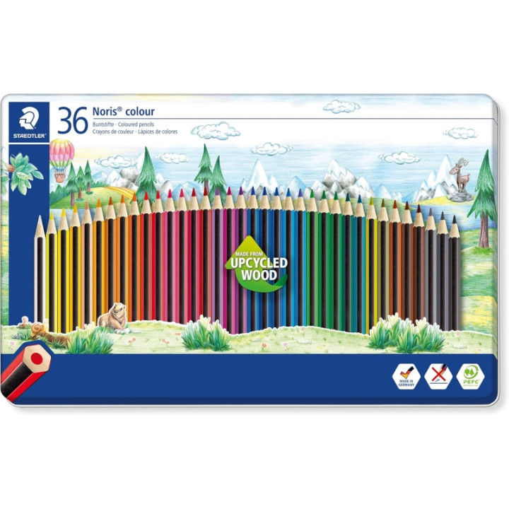 Staedtler Noris Colour 185 Caja Metalica con 36 Lapices Hexagonales de Colores - Fabricados en Wopex - Muy Resistentes - Madera