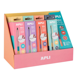 Apli Mini Infinite Pencil Expositor con 20 Packs de Mini Lapices Infinitos HB + Mina de Recambio + Tapon Protector - Para Escri
