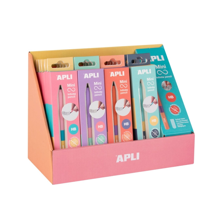 Apli Mini Infinite Pencil Expositor con 20 Packs de Mini Lapices Infinitos HB + Mina de Recambio + Tapon Protector - Para Escri