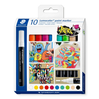 Staedtler Lumocolor 349 Pack con 10 Marcadores Acrilicos Permanentes - Trazo 2.4 mm aprox. - Tinta Base de Agua - Colores Surti