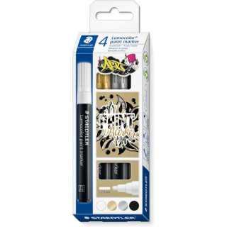 Staedtler Lumocolor 349 Pack con 4 Marcadores Acrilicos Permanentes - Trazo 2.4 mm aprox. - Tinta Base de Agua - Colores Surtid