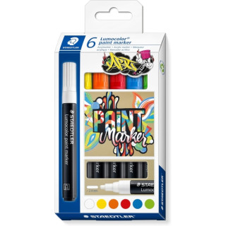 Staedtler Lumocolor 349 Pack con 6 Marcadores Acrilicos Permanentes - Trazo 2.4 mm aprox. - Tinta Base de Agua - Colores Surtid