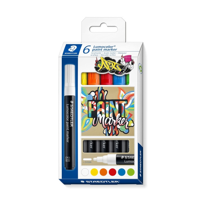 Staedtler Lumocolor 349 Pack con 6 Marcadores Acrilicos Permanentes - Trazo 2.4 mm aprox. - Tinta Base de Agua - Colores Surtid