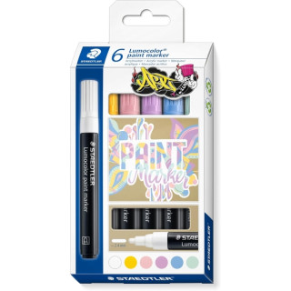 Staedtler Lumocolor 349 Pack con 6 Marcadores Acrilicos Permanentes - Trazo 2.4 mm aprox. - Tinta Base de Agua - Colores Pastel