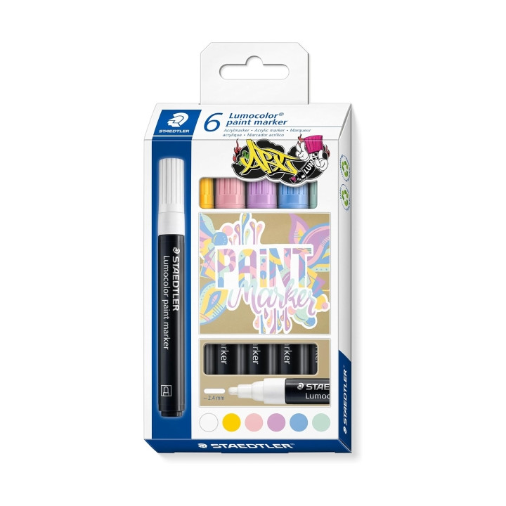 Staedtler Lumocolor 349 Pack con 6 Marcadores Acrilicos Permanentes - Trazo 2.4 mm aprox. - Tinta Base de Agua - Colores Pastel