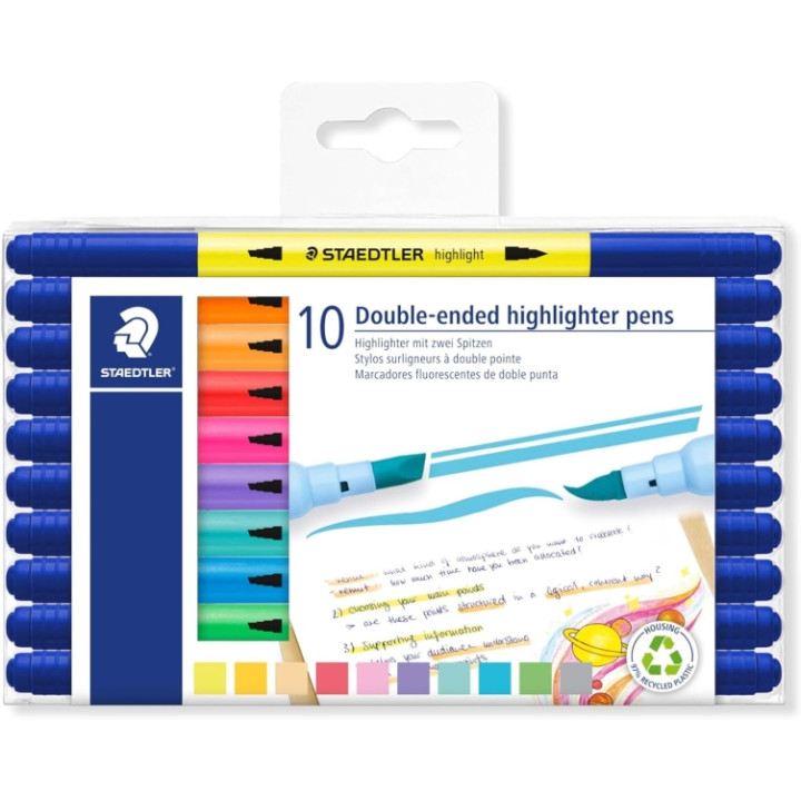 Staedtler Textsurfer Classic 362 Pack con 10 Marcadores Fluorescentes Doble Punta Biselada y Pincel - Secado Rapido - Tinta Bas