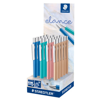 Staedtler Elance Expositor con 20 Boligrafos Retractiles - Tinta Azul - Ancho de Linea M - Colores Surtidos