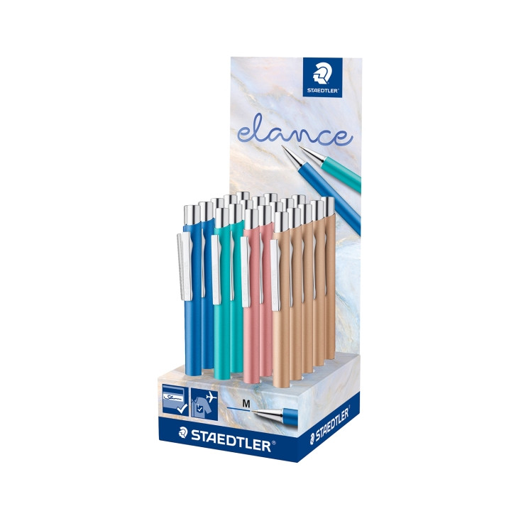 Staedtler Elance Expositor con 20 Boligrafos Retractiles - Tinta Azul - Ancho de Linea M - Colores Surtidos