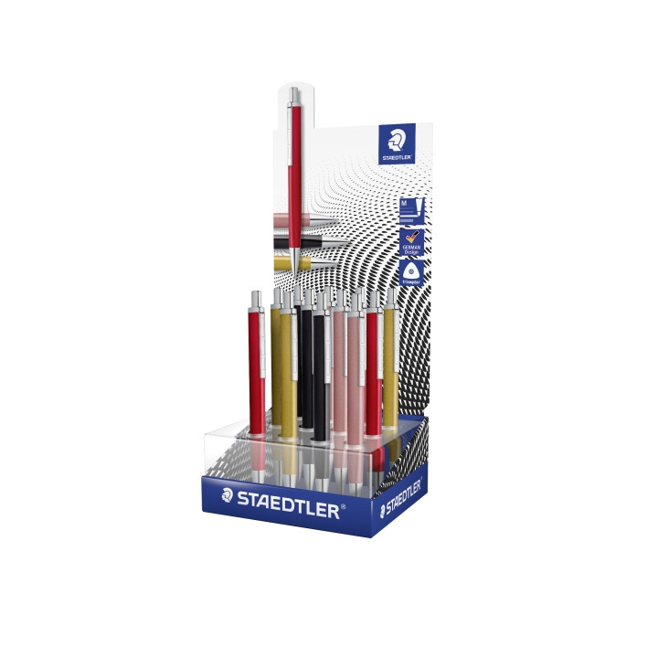 Staedtler Triplus Expositor con 12 Boligrafos Retractiles - Tinta Azul - Ancho de Linea M - Colores Surtidos