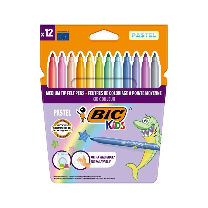 Bic Kids Couleur Pastel Pack de 12 Rotuladores - Punta Mediana - Lavable - Colores Pastel Surtidos
