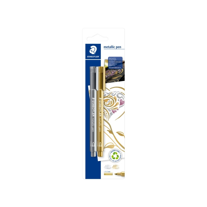 Staedtler Metallic Pen Pack de 2 Rotuladores de Punta Fina - Trazo 1 - 2mm - Tinta Base de Agua - Colores Oro y Plata