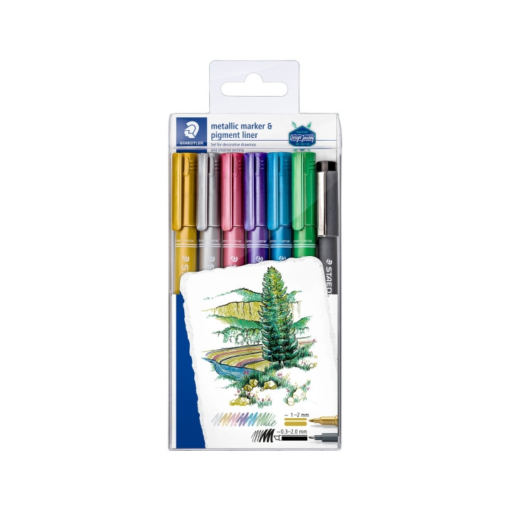 Staedtler Metallic Pen Pack de 6 Rotuladores de Punta Fina Trazo 1 - 2mm + Rotulador Pigment Liner Trazo 0.3 - 2mm - Tinta Base