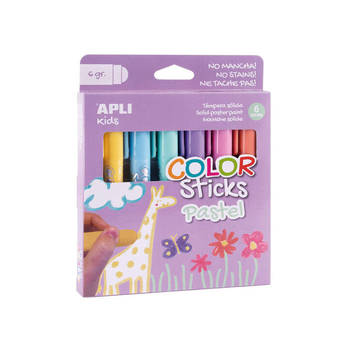 Apli Color Sticks Temperas Solidas - Pack 6 Unidades de 6g en Colores Pastel - Acabado Satinado sin Necesidad de Barniz - Secad