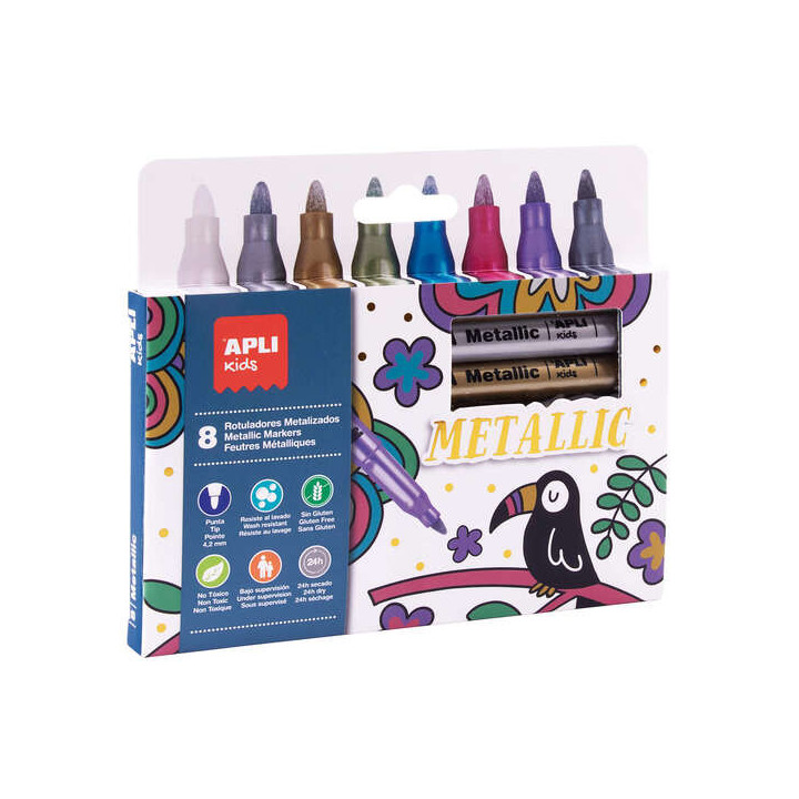 Apli Pack de 8 Rotuladores Metalizados - Cuerpo Redondo y Punta de 4.2mm - Ideal para Decorar en Papel
