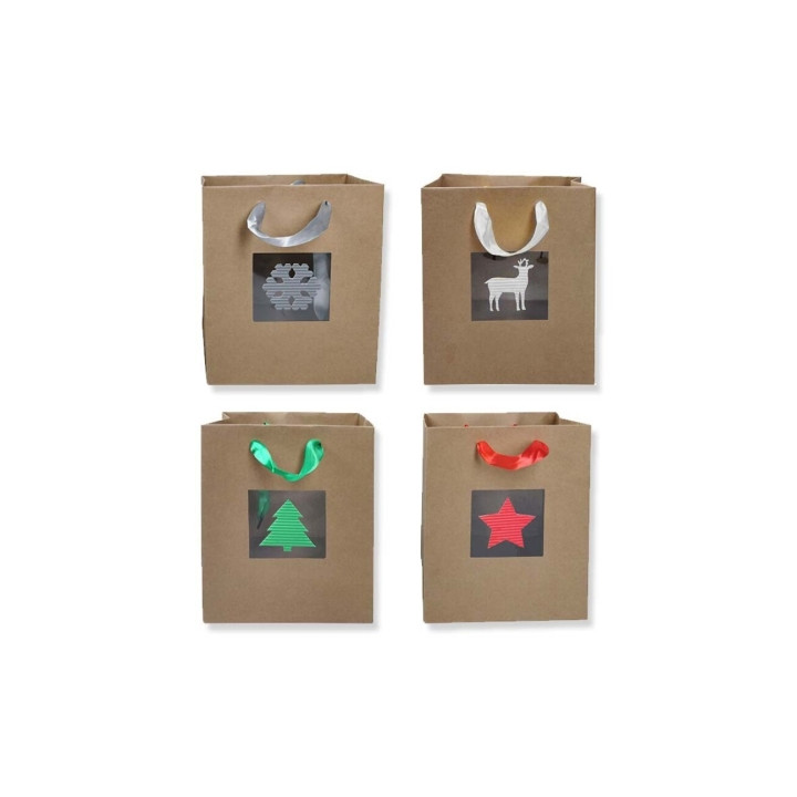 Bismark Bolsa de Papel Kraft Navidad Grande con Ventana - Medidas 23x33x10cm - 4 Diseños Diferentes