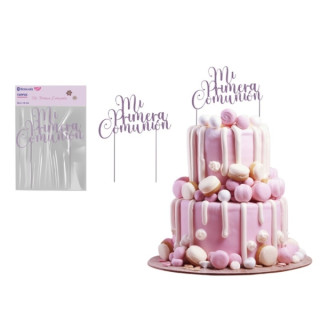 Bismark Topper Primera Comunion para Tarta - Material Acrilico Efecto Glitter - Color Lila