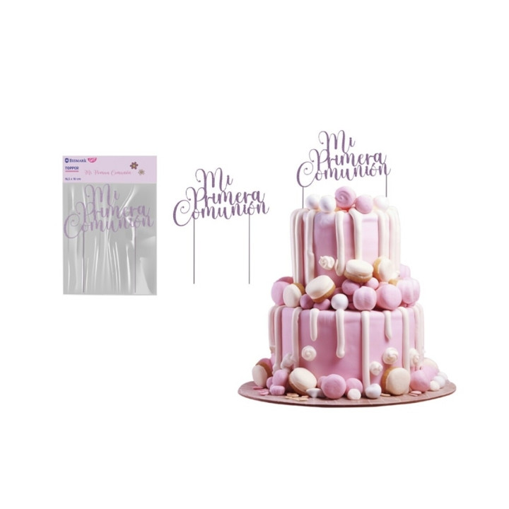 Bismark Topper Primera Comunion para Tarta - Material Acrilico Efecto Glitter - Color Lila