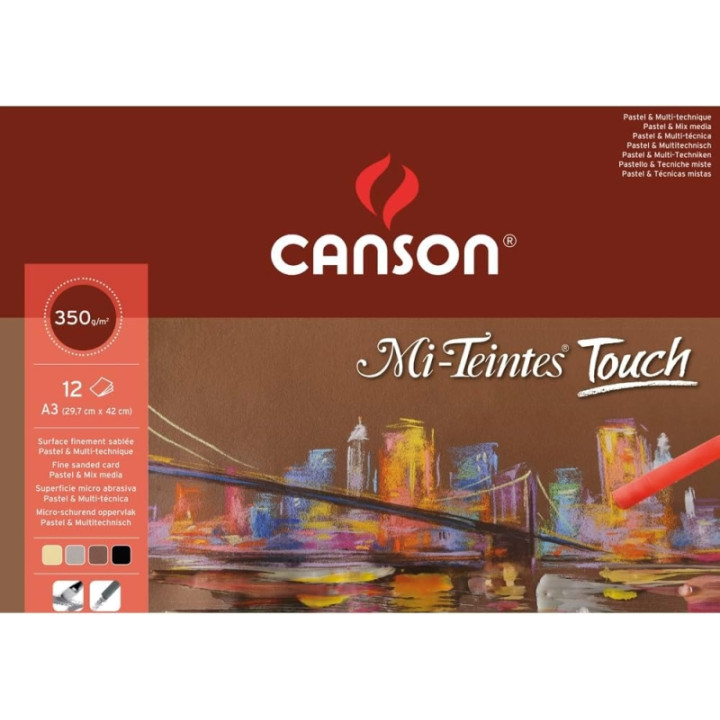 Canson Mi-Teintes Touch Bloc con 12 Hojas 350 g/m² - Tamaño 29.7 x 42cm - Superficie Microabrasiva Finamente Texturizada - Ce