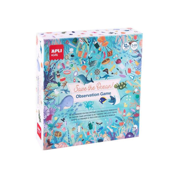 Apli Juego de Observacion Save the Ocean - Tablero de 40 x 40 cm - 40 Cartas y 24 Stickers