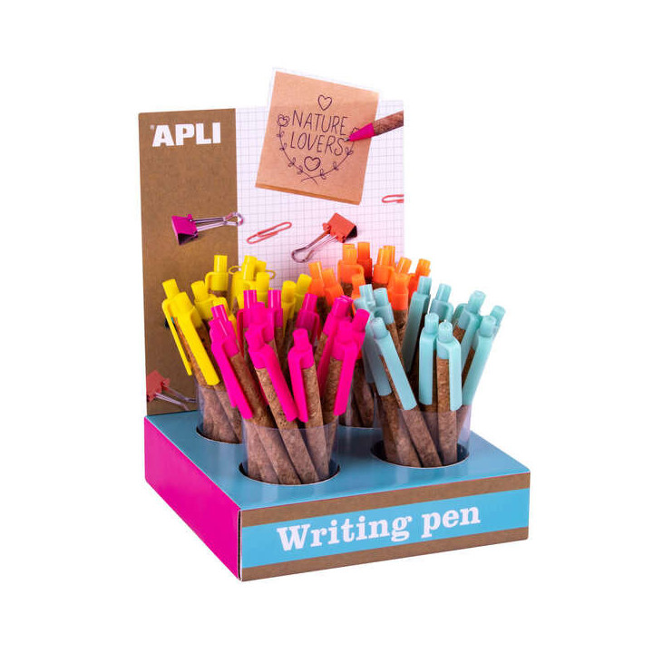 Apli Expositor Boligrafos Metalicos de Corcho Fluor Collection - Cuerpo de Corcho - 48 Boligrafos con Tinta de Aceite y Punta d