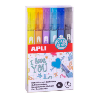 Apli Rotuladores Doble Linea - 5.5mm - Base de Alcohol - Pack 6 Colores - Escritura Interior Plata con Contorno de Color - Idea