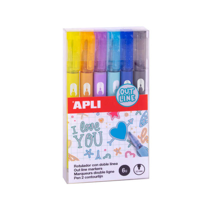 Apli Rotuladores Doble Linea - 5.5mm - Base de Alcohol - Pack 6 Colores - Escritura Interior Plata con Contorno de Color - Idea