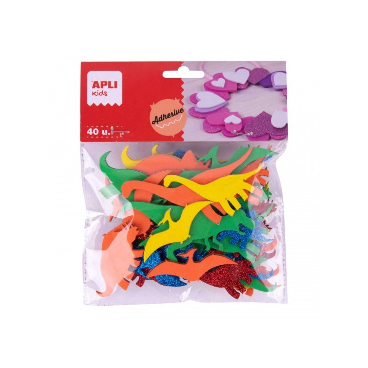Apli Pack de 40 Dinosaurios Adhesivos de Goma EVA - Diseños Variados - Adhesivo Permanente - 8 Razas - Ideal para Manualidades