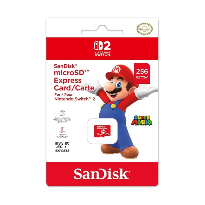 Nintendo Tarjeta Micro SD Sandisk para Consola Nintendo Switch 2 - Capacidad 256Gb - Logotipo de Mario Bros - Velocidades Rapida