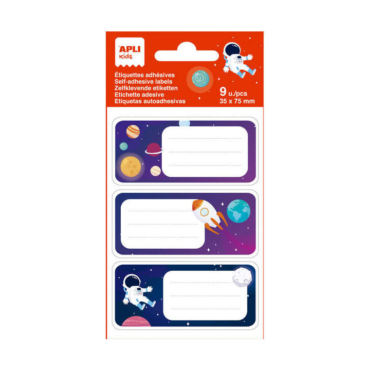 Apli Etiquetas Adhesivas Escolares Planetas - Tamaño 81x36mm - 9 Etiquetas en 3 Hojas - Adhesivo Permanente de Alta Calidad -
