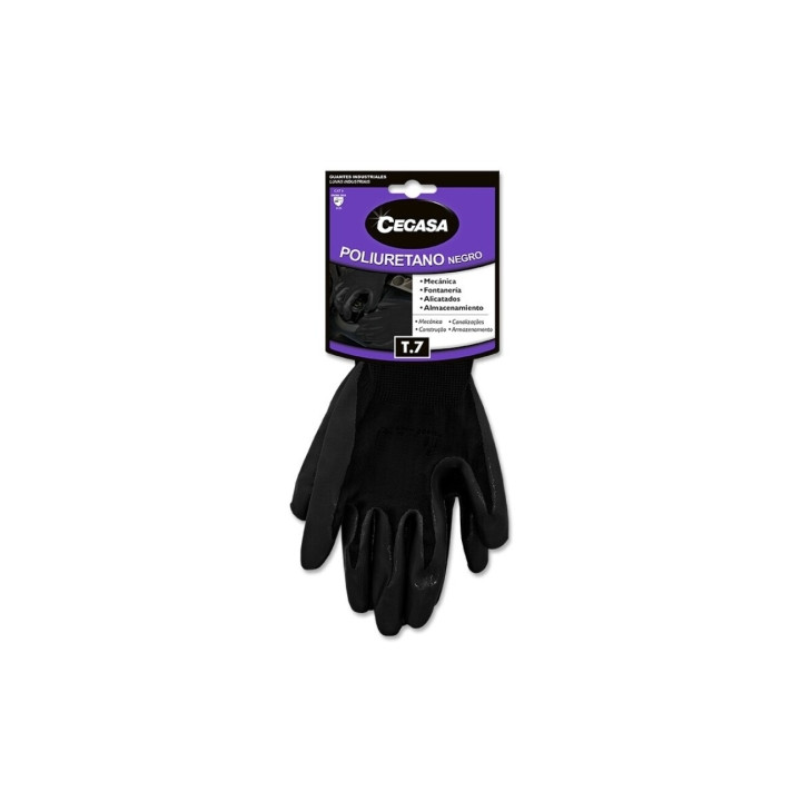 Cegasa Guantes de Trabajo Talla 7 - Fabricados en Poliester con Recubimiento de Poliuretano en Palma - Color Negro