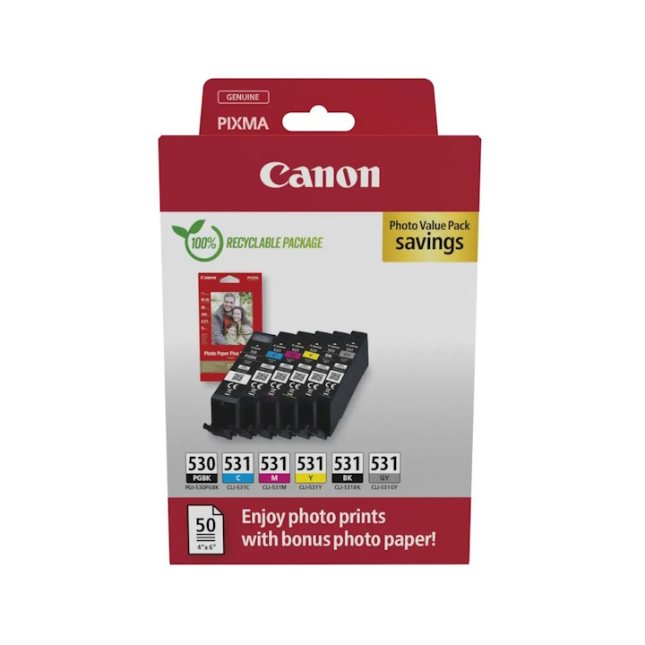 Canon PGI530/CLI531 Pack de 6 Cartuchos de Tinta Originales + 50 Hojas de Papel Fotografico 10x15cm - 6117C004