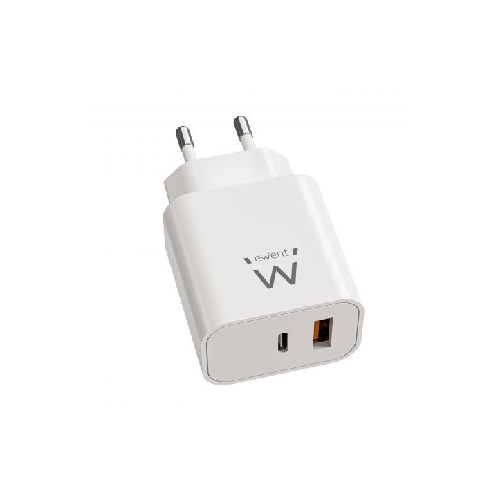 Ewent EW1318 Cargador GAN 20W - USB-C PD y USB-A QC - Carga Rapida - Alta Eficiencia - Diseño Compacto - Color Blanco