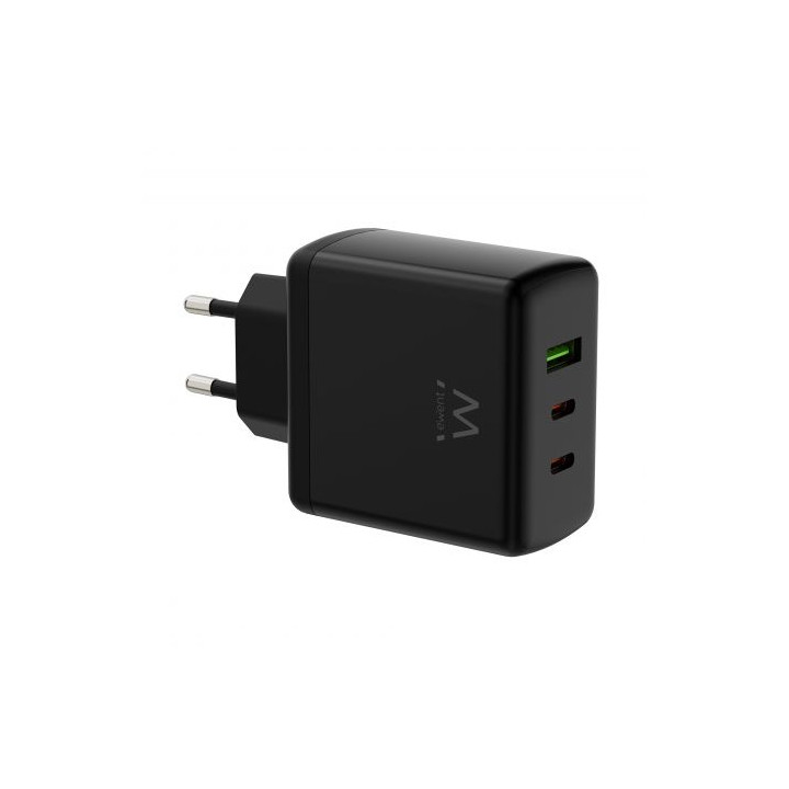 Ewent EW1330 Cargador GaN Universal de Pared 65W Ultrarapido - 2x USB-C PD 3.0 y 1x USB-A QC 3.0 - Color Negro