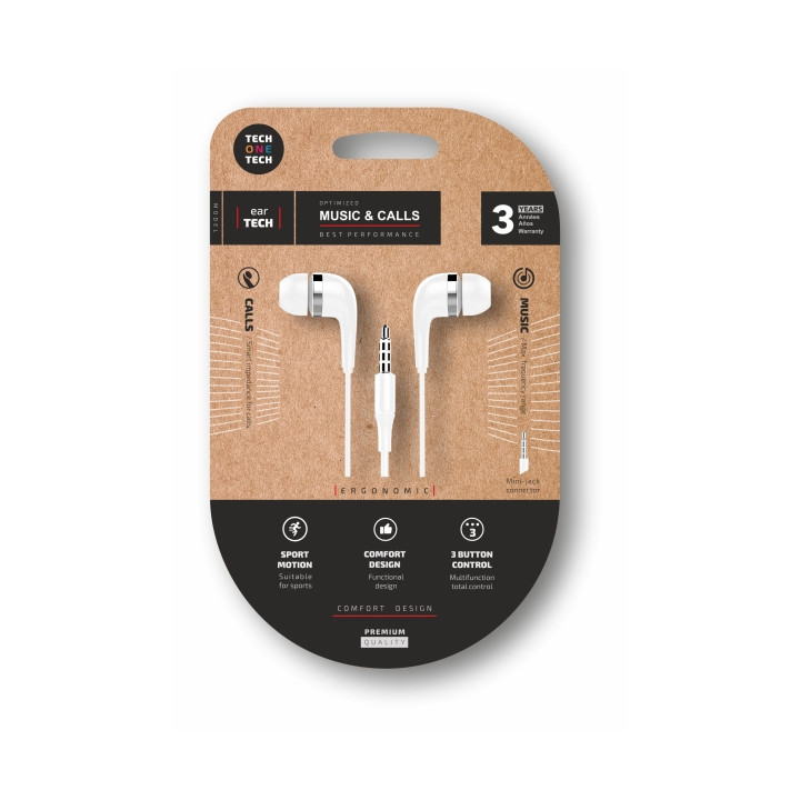 TechOneTech Soft EearTech Auriculares Intraurales - Microfono Integrado - Mini Jack 3.5mm - Cable de 1.20m - Blanco