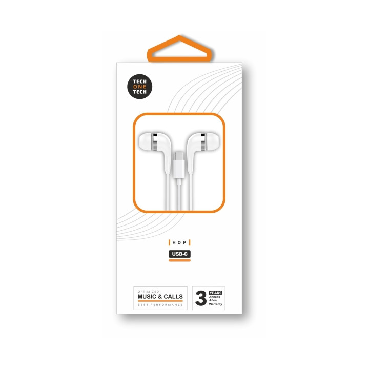 TechOneTech ear Tech Hop Auriculares Intraurales USB-C - Microfono Integrado - Cable de 1.20m - Blanco