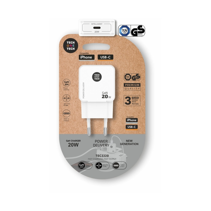 TechOneTech Cargador de Pared Ultrarrápido GaN 20w USB-C Blanco
