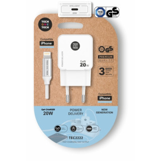 TechOneTech Cargador de Pared Ultrarrápido GaN 20w Blanco + Cable Apple