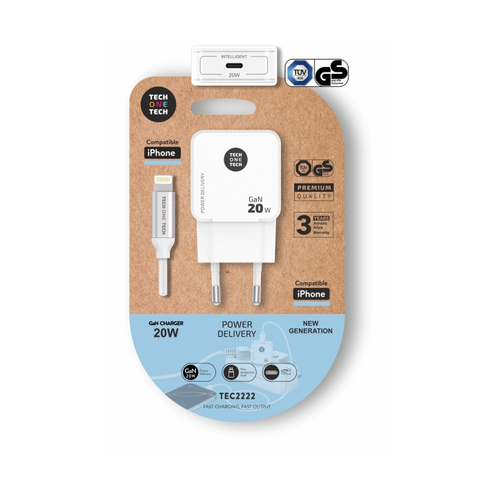 TechOneTech Cargador de Pared Ultrarrápido GaN 20w Blanco + Cable Apple