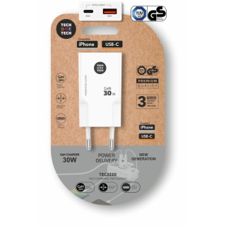 TechOneTech Cargador Doble de Pared Ultrarrápido GaN 30w USB-C+USB-A Blanco