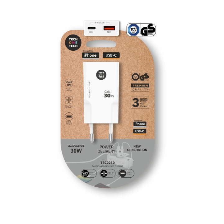 TechOneTech Cargador Doble de Pared Ultrarrápido GaN 30w USB-C+USB-A Blanco