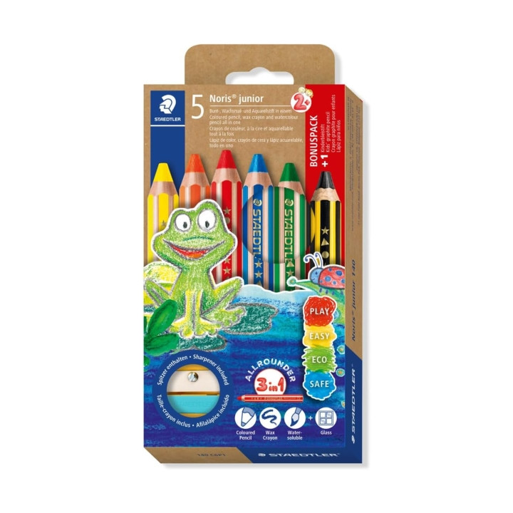 Staedtler Noris Junior Pack de 5 Lapices de Colores Extragruesos + Sacapuntas - 3 en 1