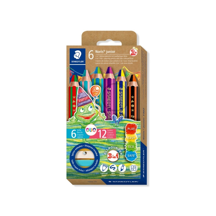Staedtler Noris Junior Pack de 6 Lapices de Colores Extragruesos Duo + Sacapuntas - 3 en 1
