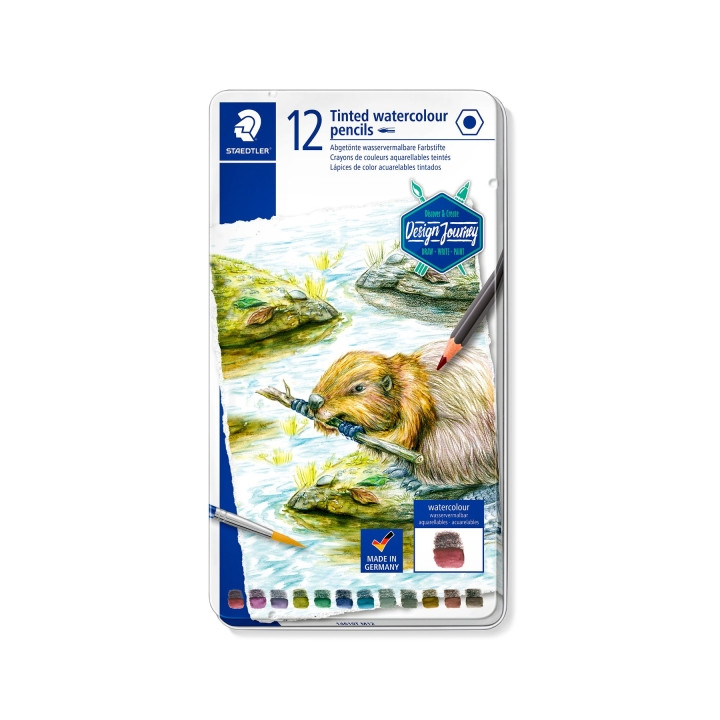 Staedtler 14610T Caja Metalica con 12 Lapices de Colores Tintados Acuarelables - Mina Suave - Colores Surtidos