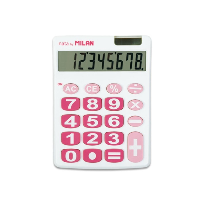 Milan Nata Calculadora de Sobremesa 8 Digitos - Teclas Grandes - Apagado Automatico - Color Blanco y Rosa