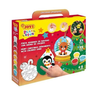Jovi Play & Fun Kit Pinta con Arena Christmas Ornaments con 8 Botes de Arena + 1 Punzon + 3 Laminas con Diseños Navideños - Colo